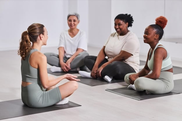 A diverse group of people participating in a guided yoga class, focused on seated poses with gentle twists and stretches, illustrating accessibility and communal support for physical wellness.