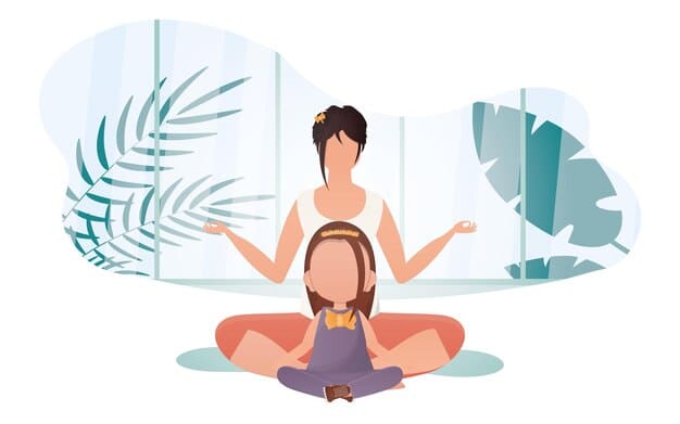 A detailed illustration of a person performing the Supported Child's Pose in a calming, dimly lit environment. The focus is on proper alignment and relaxation techniques.