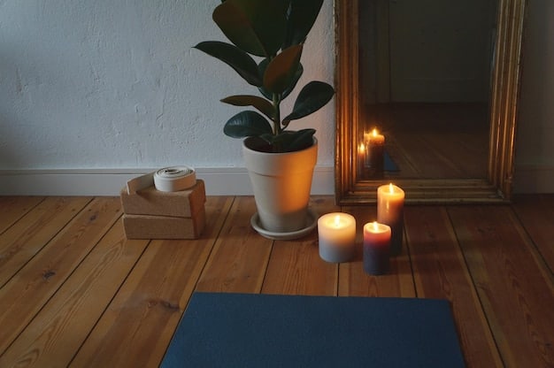 A dimly lit room with a yoga mat. Two candles provide a warm glow, and an essential oil diffuser emits a gentle mist. A small plant sits in the corner.