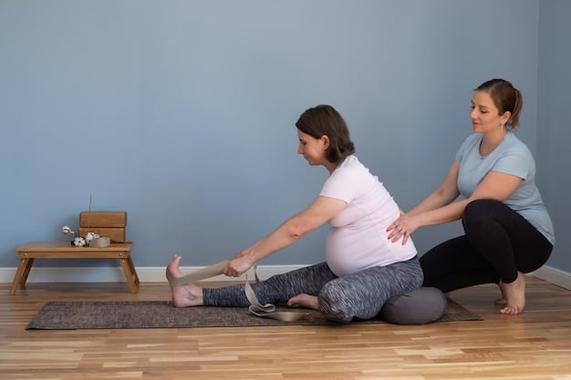 A prenatal yoga instructor guiding a pregnant woman in the Cat-Cow pose, demonstrating proper alignment and technique.