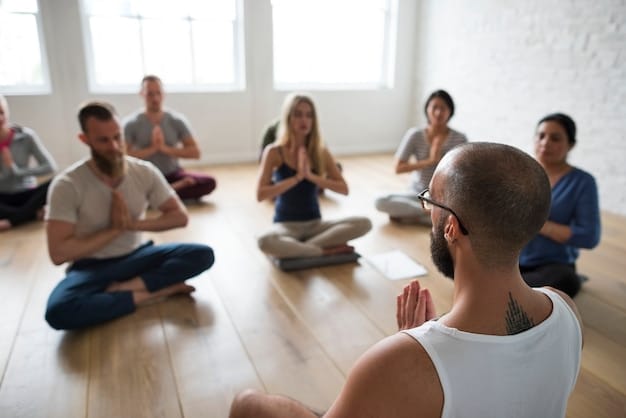 A serene meditation session in a yoga retreat, showcasing participants sitting peacefully in a circle, with soft lighting and calming colors in the background, suggesting a state of deep relaxation and mindfulness.
