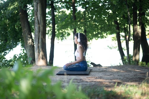 A person meditating in a park with trees in the background. The person is sitting cross-legged on a mat, with their eyes closed and hands resting on their knees.