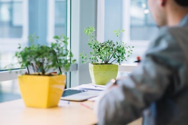 A serene office space with plants, natural light, and a person calmly working at a desk, representing a stress-free work environment.