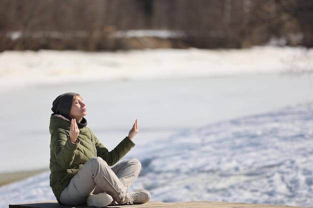 A person peacefully meditating outdoors, seated on a park bench with snow falling gently around them, emphasizing the serenity of mindfulness during the holiday season.