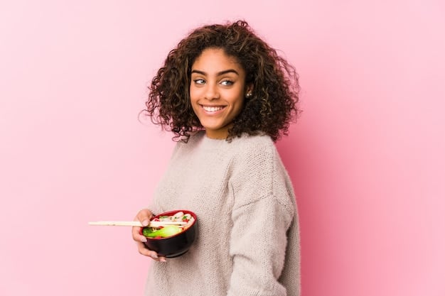 A person smiling and holding a plate with a colorful and healthy meal that includes foods like yogurt, fruits, and green vegetables. The background is a bright kitchen, suggesting a focus on nutrition and gut health for stress management.