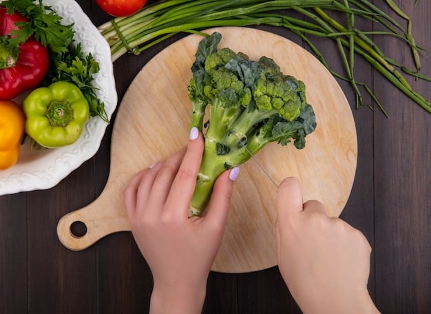 A close-up shot of a person preparing a healthy meal consisting of leafy green vegetables, lean protein, and whole grains. The focus is on the fresh, natural ingredients and the act of mindful preparation, suggesting a stress-reducing approach to eating.