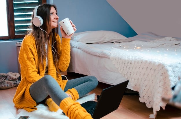 A cozy bedroom setup with soft lighting, featuring a person wearing wireless headphones and relaxing on a comfortable bed, engrossed in an ASMR session on their tablet. The scene evokes a sense of peacefulness and relaxation, emphasizing how ASMR can be easily incorporated into a nightly routine for stress relief.