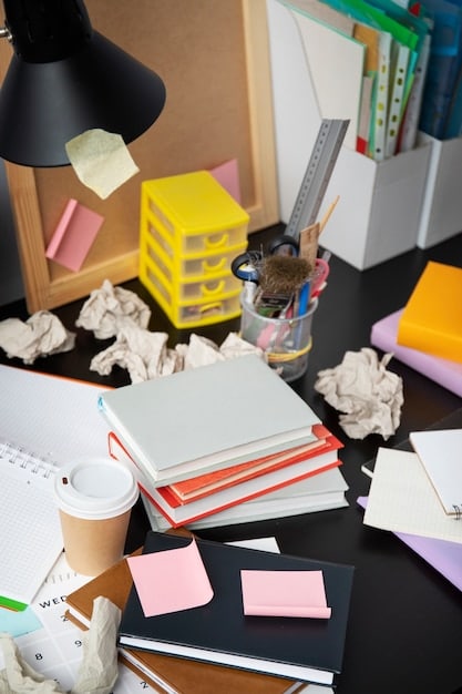 A split image - one side showing a disorganized, cluttered desk with papers and items piled haphazardly, and the other side showing a clean, organized desk with minimal items and a clear workspace.