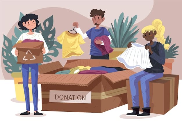 A person sorting through a box of clothes, separating items into three piles: one for donation, one for keeping, and one for discarding.