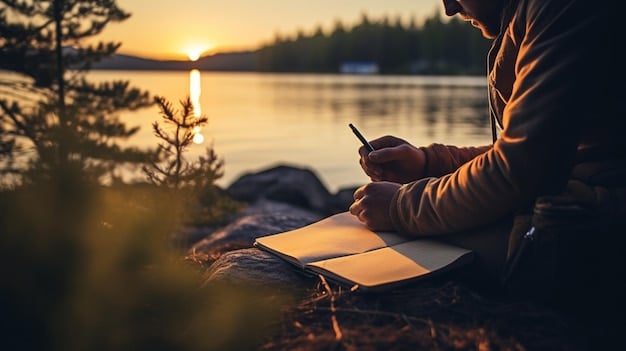 A person writing in a journal outdoors with a peaceful landscape in the background, symbolizing the practice of journaling for tracking progress and self-reflection.