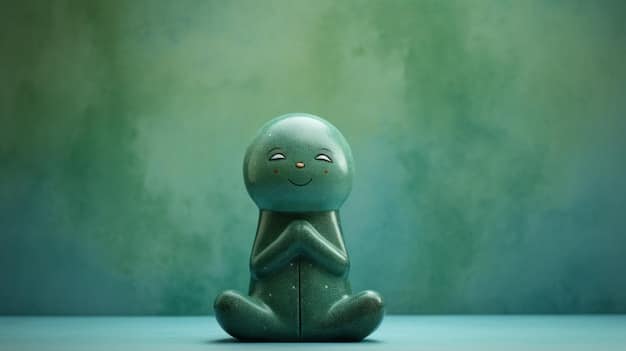 A minimalist graphic showing a person meditating calmly amidst chaos, symbolizing self-regulation and emotional control. The color palette is soothing, using blues and greens.