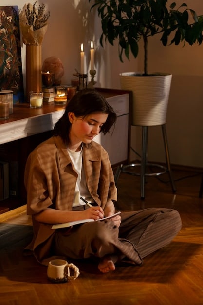 A person sitting in a quiet room, journaling and reflecting on their values and goals. The scene is peaceful and introspective.