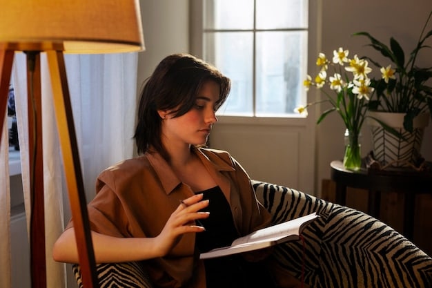 A person sitting in a comfortable chair, journaling in a notebook, with a warm, inviting atmosphere. The scene should depict self-reflection and introspection.