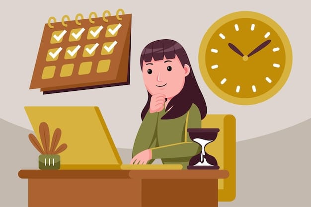 A person sitting at a desk, looking at a calendar with time blocks marked for different activities. The person is smiling and appears to be focused and in control.