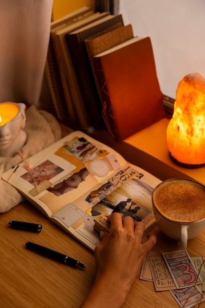 A person writing in a journal, surrounded by inspirational quotes and images. The setting is a cozy, inviting space, suggesting self-reflection and introspection.