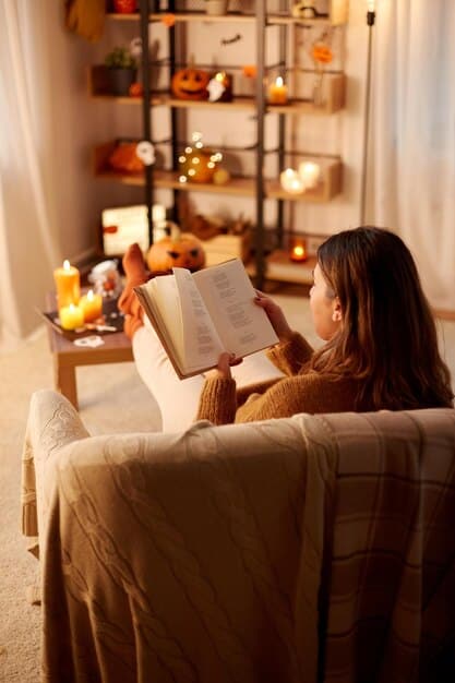 A well-stocked bookshelf in a cozy room, with a person reading a book by a warm light.