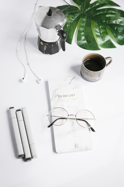 A minimalist workspace with a journal, a pen, and a pair of glasses on a clean, white desk. Natural light streams in from a window, creating a serene and focused atmosphere, ideal for journaling.