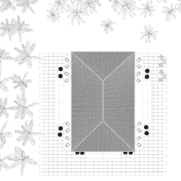 A top-down view of a garden design sketch, showing layout options for rocks, gravel patterns, and planting locations. The sketch includes measurements and annotations.