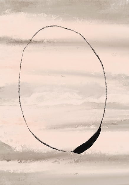 Zen calligraphy artwork displaying a single, bold brushstroke circle, with minimalist aesthetic and negative space emphasizing balance and simplicity, against a textured rice paper backdrop.