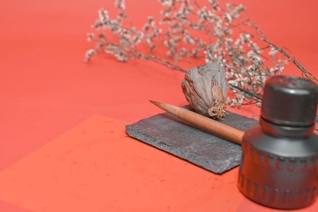A serene Zen calligraphy workspace featuring a brush, inkstone, and inkstick arranged neatly on a wooden desk, with soft natural light streaming in, emphasizing the simplicity and tranquility of the setting.