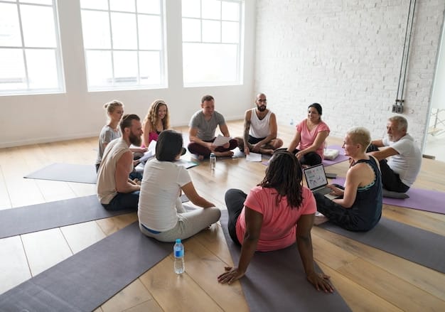 A wide shot of a diverse group of people participating in a Zazen meditation session in a modern Zen temple, showing various postures and expressions of focus, symbolizing the universal appeal and accessibility of Zen practice in contemporary society.