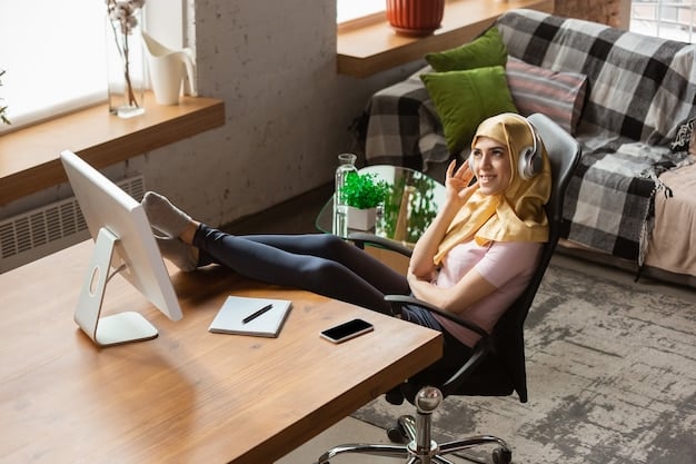 A person sitting at a desk in a home office, wearing headphones and working on a computer. The room is tidy and well-lit, with plants and calming artwork creating a peaceful atmosphere. The scene is intended to show how Zen music can be integrated into daily work life.