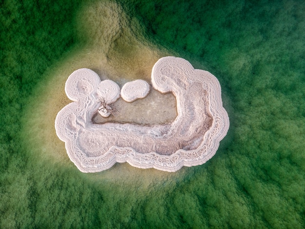 An aerial view of a meticulously raked Zen garden, showcasing the patterns in the sand and the arrangement of rocks.