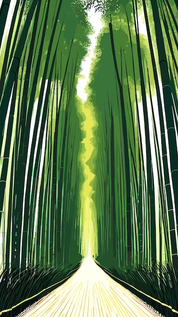 A minimalist illustration depicting a winding path through a bamboo forest, symbolizing the journey to enlightenment. A small figure is seen walking along the path, with rays of light breaking through the bamboo stalks.
