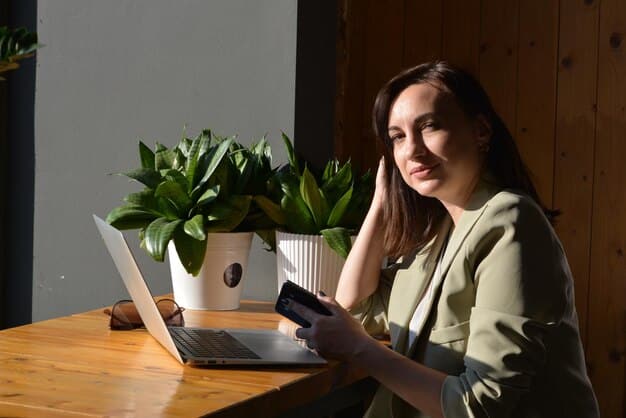A person mindfully paying bills online with a serene expression, surrounded by calming plants and soft lighting, emphasizing a peaceful and focused approach to financial tasks.