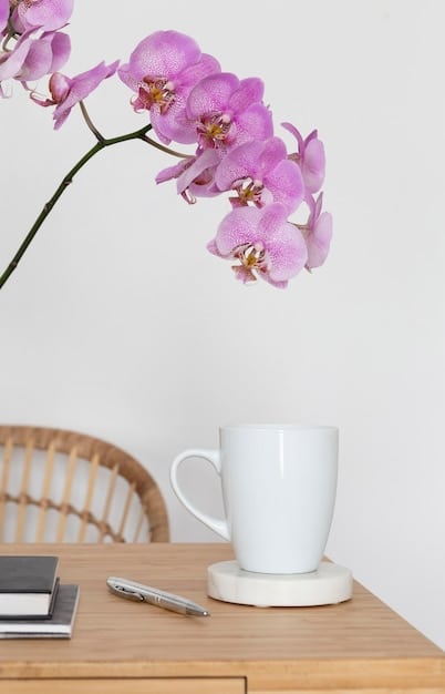 A minimalist modern office space with clean lines, neutral colors, and a single orchid on a desk, creating a serene and focused atmosphere.