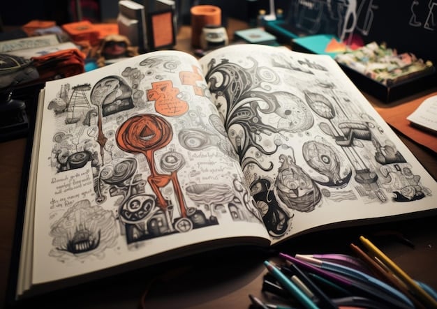 An artist's sketchbook filled with expressive, abstract drawings and notes, symbolizing the open exploration and experimentation that 