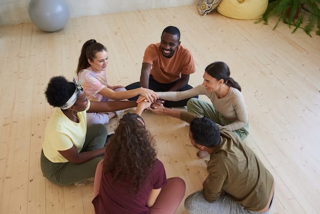 A group of diverse individuals sitting in a circle, holding hands, eyes closed, meditating together in a supportive and empathetic environment.