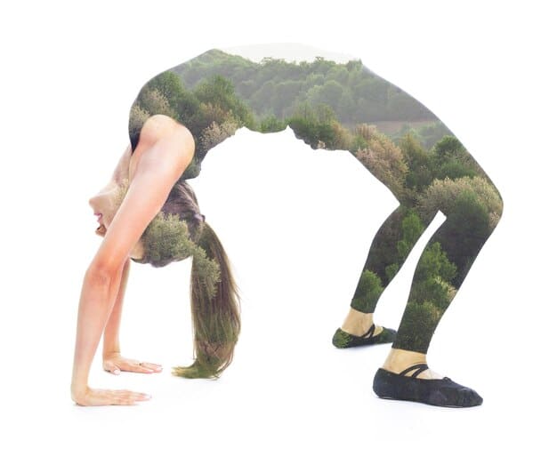 A split image: on the left, a person incorrectly performing a yoga pose with a clearly strained back; on the right, the same person correctly performing the restorative version of the pose with full support and relaxed posture.