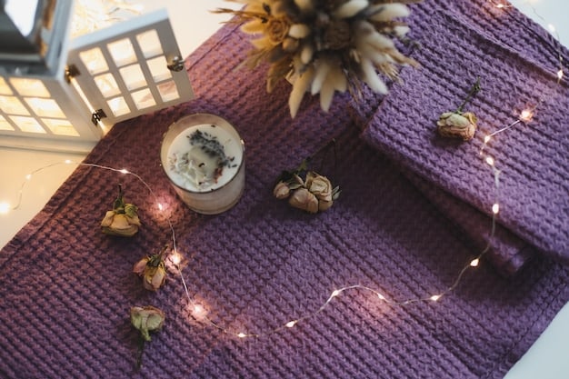 A dimly lit bedroom with a yoga mat rolled out, a soft blanket, and essential oil diffuser emitting a gentle mist. The scene evokes a sense of tranquility and preparation for a relaxing evening yoga session.