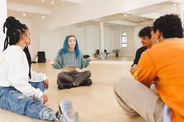 A diverse group of people participating in a guided meditation session. They are seated comfortably on cushions, eyes closed, and the atmosphere is peaceful. The soft lighting and minimalist decor contribute to the sense of calm.