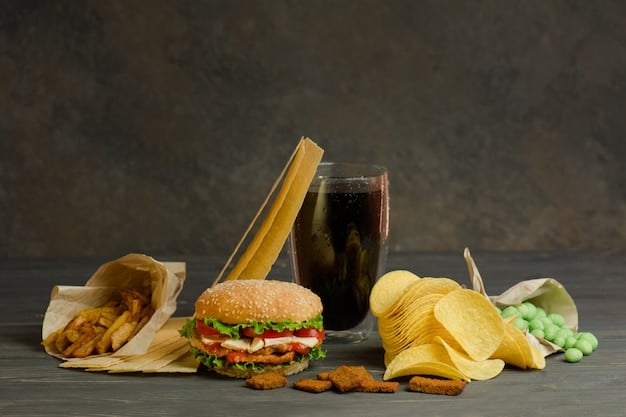 A split image showing, on one side, highly processed snacks like chips and sugary drinks, and on the other side, fresh, whole foods like fruits and vegetables, symbolizing choices that either increase or decrease stress levels.