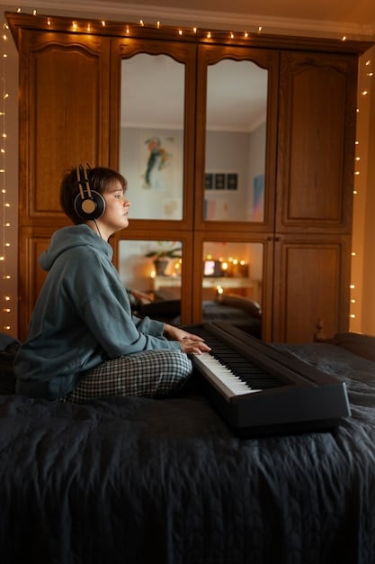 A minimalistic room prepared for a relaxation session, featuring dim lighting, a comfortable mat, and soft music playing in the background.