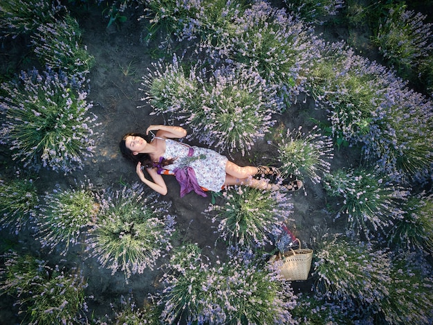 A person lies on a blanket in a field of wildflowers, gazing up at the sky with a peaceful expression, showcasing the immersive and restorative aspects of spending time in nature.