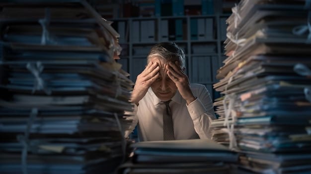 A stressed employee with their hands on their head, surrounded by stacks of paperwork in a cluttered office. The lighting is dim and the expression on their face is one of overwhelm.