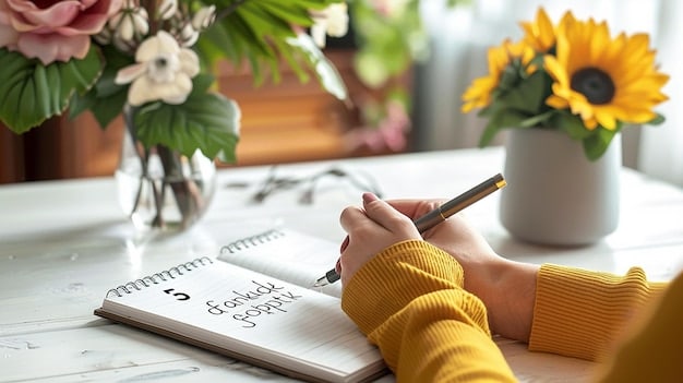 A close-up of a hand writing in a journal on a desk. The words 
