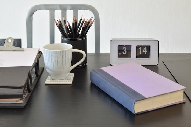 A clean desk with a planner, notebook, and pen, symbolizing organization and time management, with a person calmly working in the background.