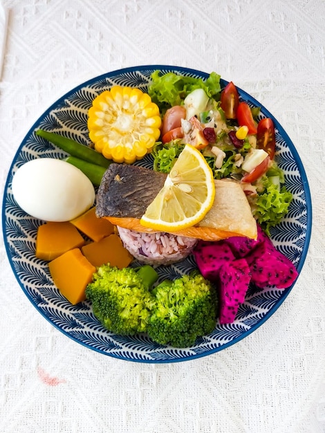 A colorful plate of healthy foods, including fruits, vegetables, lean protein, and whole grains, emphasizing mindful eating and nutritious choices.