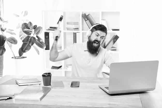 A split image showing a stressed person at a desk on one side and a relaxed, smiling person working efficiently on the other side, symbolizing the contrasting effects of stress management.