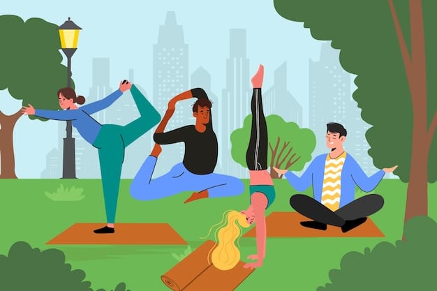A person doing yoga outdoors in a park, with other people jogging and enjoying nature in the background, illustrating a healthy work-life balance and stress relief.