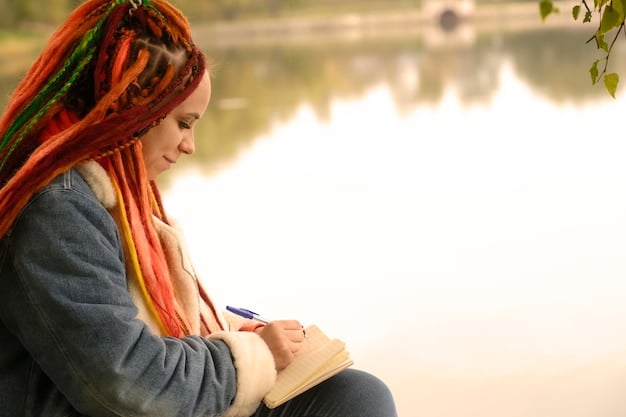 A person writing positive affirmations in a journal while sitting in a calm and peaceful environment, emphasizing the practice of positive self-talk.