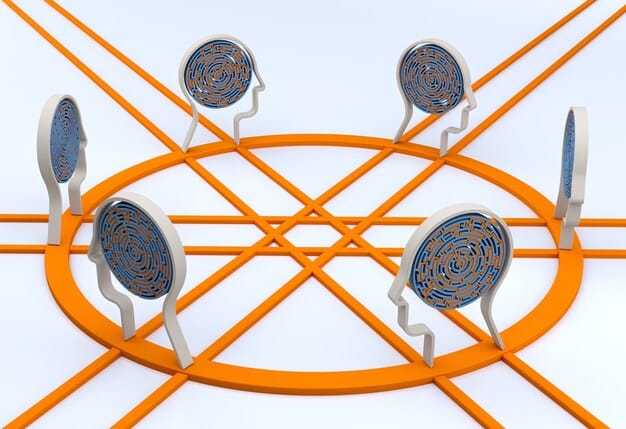 A visual representation of common negative thought patterns (e.g., all-or-nothing thinking, catastrophizing) being replaced by positive and balanced thoughts.