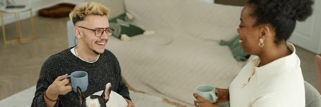 Two people having a constructive conversation, demonstrating empathy and social skills. Warm and inviting setting.