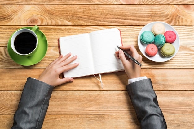 A close-up of hands writing goals in a planner, surrounded by motivational sticky notes and a cup of coffee, creating a focused and determined atmosphere.