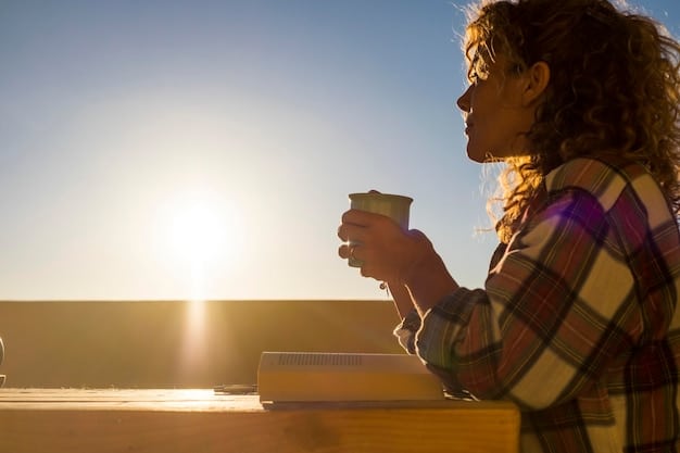 A person smiling while enjoying a simple pleasure, such as drinking coffee or watching a sunset, with a focus on the peaceful, contented expression.