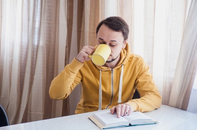 A person writing down goals in a notebook, with a determined expression on their face. The notebook is open on a table with a pen and a cup of coffee. The setting is bright and motivational.
